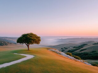 Lone Tree Silhouette On Hill At Sunrise With Golden Hour Lighting