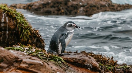 Fototapeta premium Penguin Chick Standing on Rocky Shoreline Near Ocean Waves in Natural Habitat