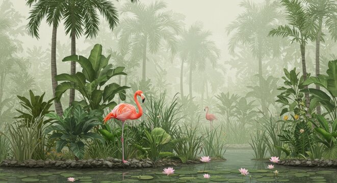 Tropical Flamingo Scene with Lush Greenery and Water.