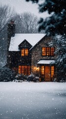 Naklejka premium Snowy house exterior at night