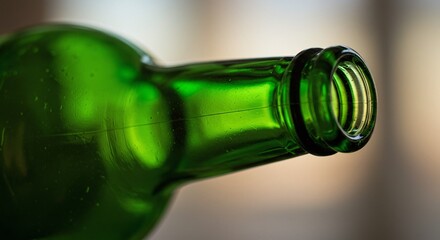 A close-up view of a green glass bottle focuses on the recyclable material used for packaging.Concept of recyclable glass container manufacturing.