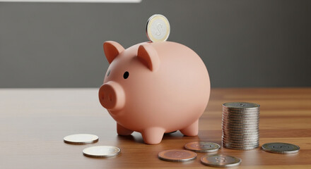 Saving money for financial security with a pink piggy bank and stacked coins