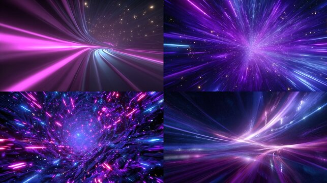 A quad-panel image displays abstract, futuristic visuals with dynamic light streaks and radiant, glowing colors