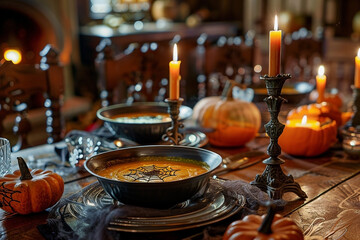 Elegant Halloween Dining: Spooky Celebration Table Setting with Pumpkin Soup