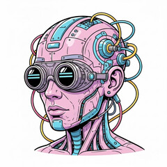 Futuristic cybernetic head with goggles and wires, depicting artificial intelligence and advanced technology concepts