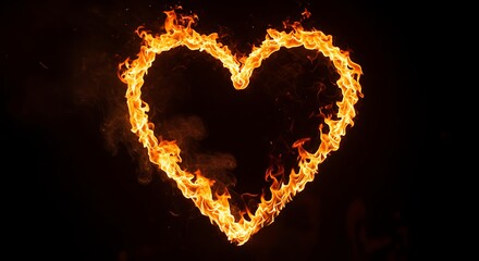 Fiery heart silhouette against black background romantic symbol of passion