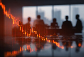 A dramatic image depicts a downward trend in financial markets, with business people in the , blurred for effect.