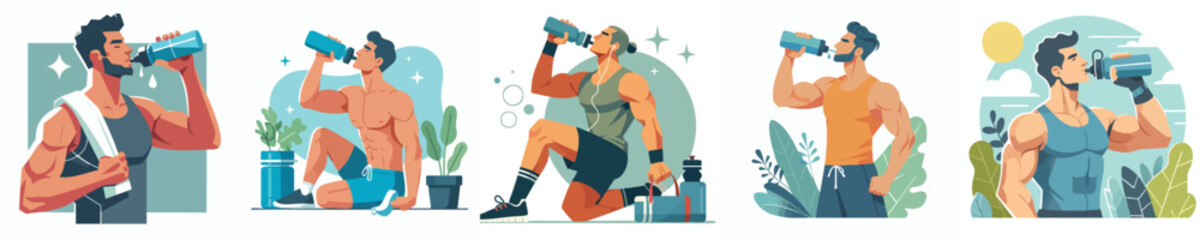 Healthy Lifestyle Man Drinking Water Vector Illustration