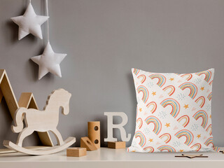 Boho Rainbow and Star Pattern Pillow on Shelf cushion