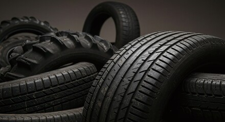 A pile of used and discarded vehicle tires are collected as rubber waste for recycling.Concept of end-of-life tire recycling.