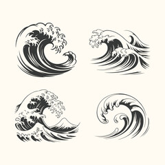 Fototapeta premium Vector art of a collection of four stylized illustrations of powerful ocean waves, rendered in a classic japanese woodblock print style, showcasing dynamic crests and turbulent water