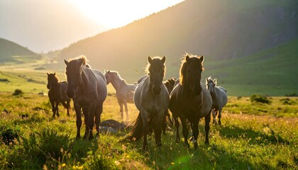 Majestic herd of horses silhouetted against a sunlit mountain backdrop