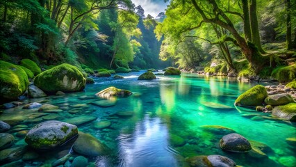 Obraz premium A vibrant, crystalclear river flows through a lush, green forest, with sunlight filtering through the dense canopy, illuminating mosscovered rocks and the turquoise water