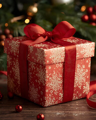 christmas gift box, wrapped christmas present, festive gift box, holiday present, christmas wrapping paper, red and gold gift wrap, red bow gift, christmas decoration, christmas background, christmas 