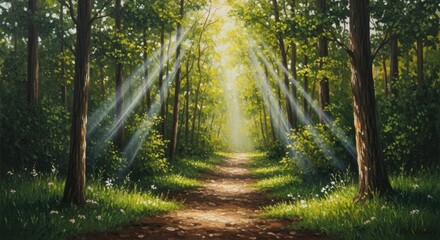 Forest path illuminates with brilliant sunlight, casting radiant beams through the trees, creating a serene and idyllic scene featuring lush greenery and a tranquil atmosphere, providing a calming...
