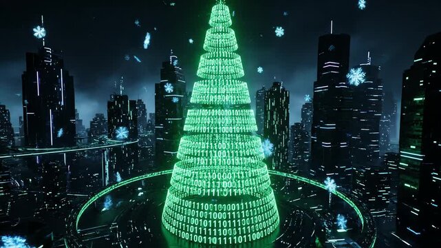 Futuristic cityscape scene with a glowing, matrix-like digital tree symbolizes technology, captured with soft, ambient lighting and a shallow depth of field, projecting a cool, serene mood against a