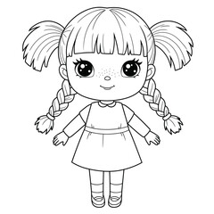 Cartoon girl with braided pigtails, big eyes, freckles, and a dress. Simple black-and-white line art.