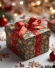 christmas gift box, red ribbon gift, festive decorations, holiday present, christmas ornaments, red baubles, twinkling lights, christmas background, christmas celebration, christmas packaging, holiday