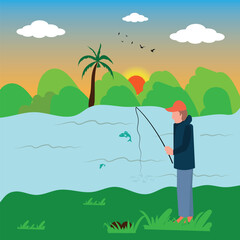 Fisherman fishing on the river with fishing hook. Fishiing background template with sunset. Sunset background template.