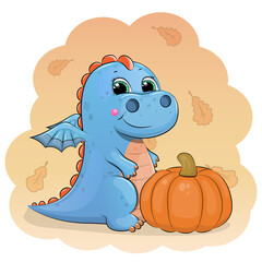 A cute cartoon Blue Dragon with pumpkin. Vector illustration of animal with vegetable and orange baclground with autumn leaves.