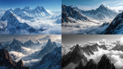 Four mountain landscapes showcase peaks emerging from clouds, with varied lighting and one monochrome view