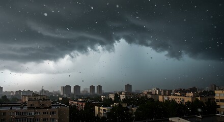 Dark storm clouds over a cityscape with rain falling from the sky
