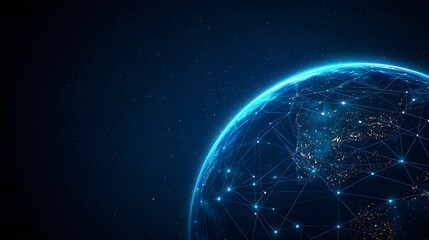Obraz premium The image showcases a stylized representation of Earth in space, illuminated with city lights and linked by a network of blue lines, all set against a backdrop of a starry sky.