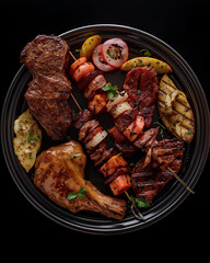 grilled meat platter, mixed grill, BBQ platter, barbecue food, assorted meats, grilled chicken, grilled beef, grilled lamb, kebab platter, skewered meat, charcoal grill, outdoor barbecue, meat feast, 