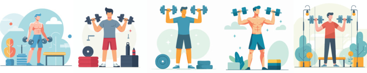 Man Training with Dumbbells Flat Vector Illustration