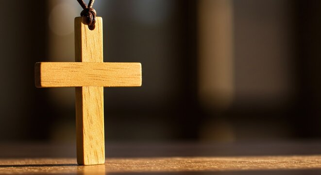 Close of a wooden cross symbolizing Christ's crucifixion and Christian faith