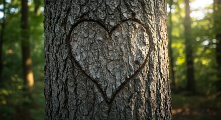 Heart carved in tree bark symbolizing love and nature with sunlight