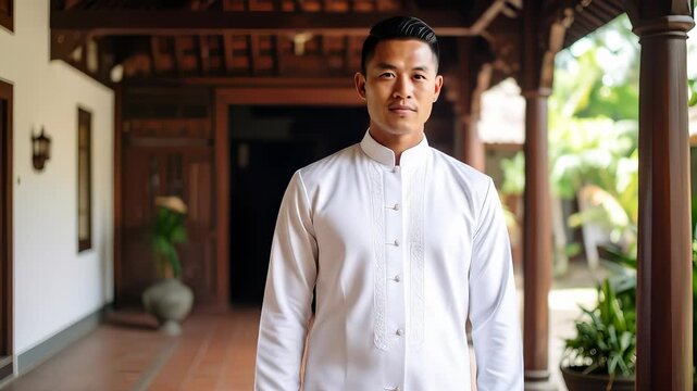 Portrait of an Asian man wearing traditional Indonesian outfit in a classic building