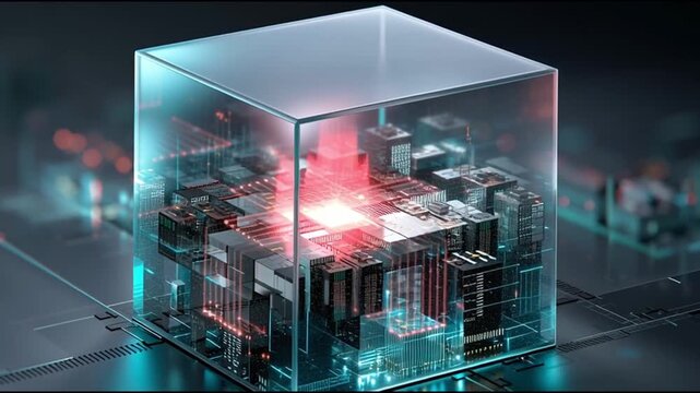 AI infrastructure data centers sustainability. Cloud computing. Green IT. Future computing. A futuristic transparent cube displaying intricate technology.