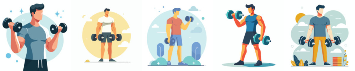Strong Man Training with Dumbbells Vector Illustration