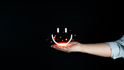 Concept satisfaction good feedback. Happy smiling face, love and emotion on man hand, mental health concept, positive thinking mind and attitude, support and self esteem