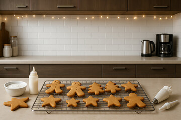 Gingerbread cookie kitchen delight star tree person icing countertop cozy festive homemade holiday