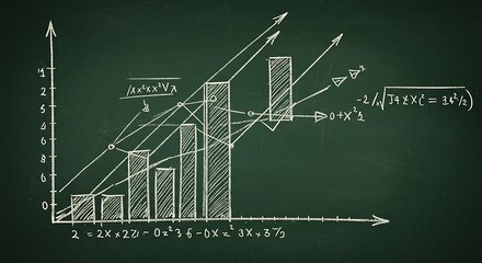 Data analysis chart with mathematical equations on a green chalkboard