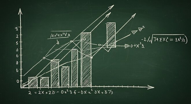 Data analysis chart with mathematical equations on a green chalkboard
