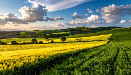 Rolling hills, vibrant fields, and a sunset sky