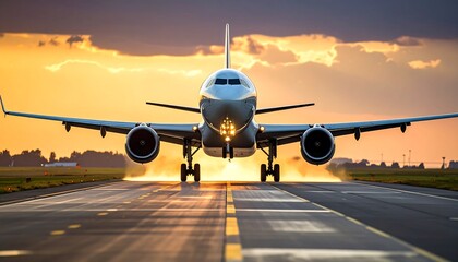 Fototapeta premium Airplane Taking Off at Sunrise.