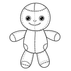 Cartoon plush doll with round head, big eyes, stitched seams, and simple black-and-white line art.