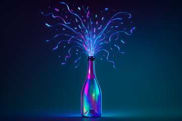 Futuristic champagne bottle celebration with neon light, sparkling confetti, and vibrant festive mood