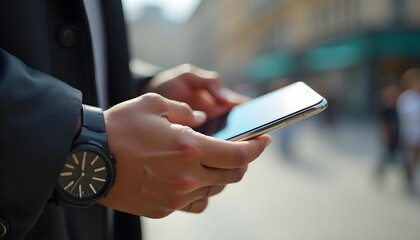 Hands Holding Modern Smartphone Outdoor with Black Wristwatch