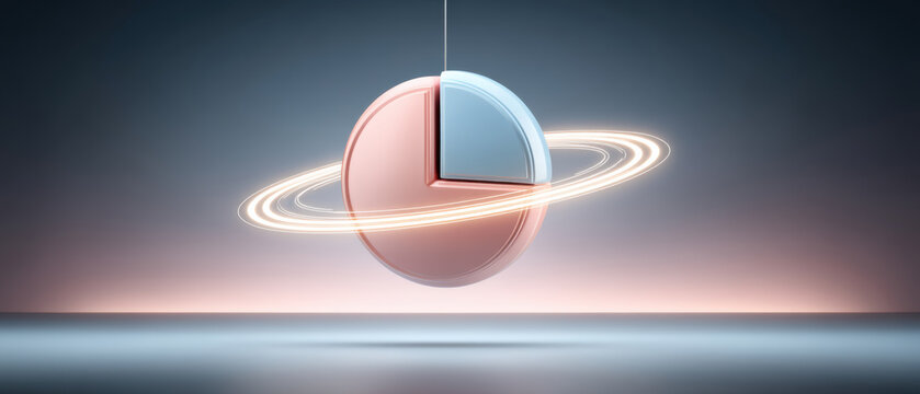Modern business idea pie chart with glowing ring orbit graphic and soft lighting
