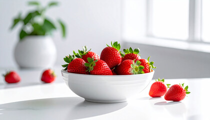 Fresh ripe strawberries placed in a white ceramic bowl, photographed in a bright minimalist spring food style