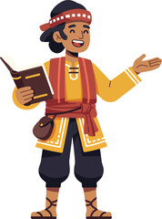 Smiling Cultural Figure Presenting Knowledge and Ancient Stories from a Book