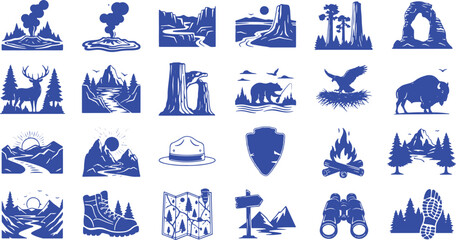 Vector icon set in a woodcut style representing National Parks and outdoor adventure.