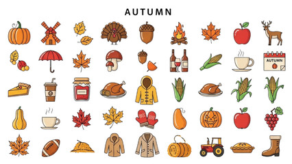 Autumn Icon Set with Seasonal Symbols – Flat Illustrative Design on White Background