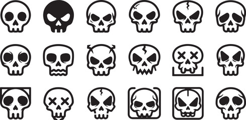 Collection of stylized skull icons in various designs and styles symbol graphic