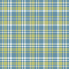 Seamless plaid fabric pattern in blue, white, and light green with a classic checkered design, perfect for textiles, fashion, and home decor.